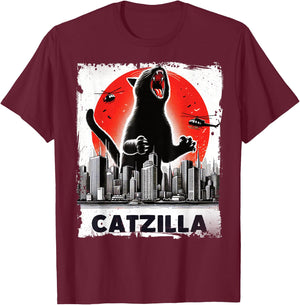 Catzilla Roaring Over City Skyline Cat Monster Kitten Kitty , Small, Black T-Shirt - T-Shirt | Maroon