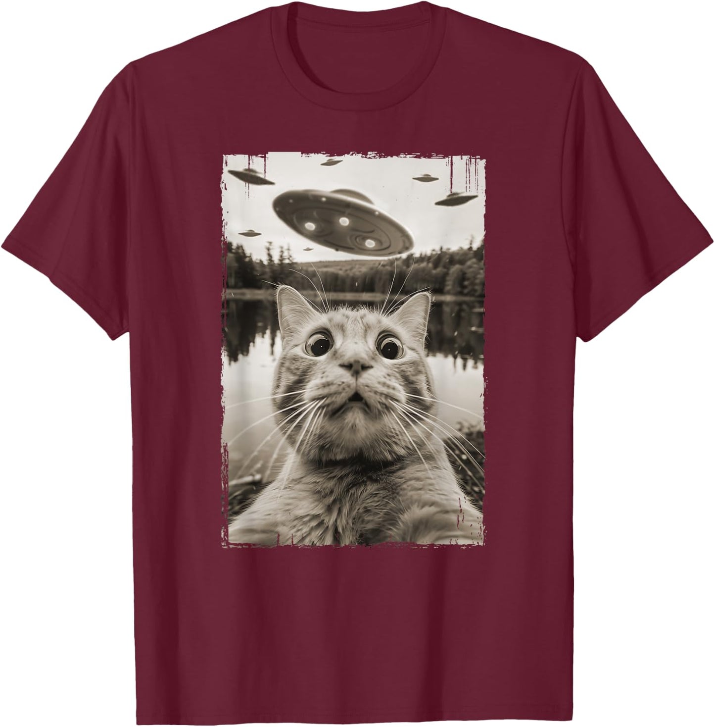 Vintage Cat UFO Encounters - Funny UFO and Cat Selfie Women Kids T-Shirt - T-Shirt | Maroon