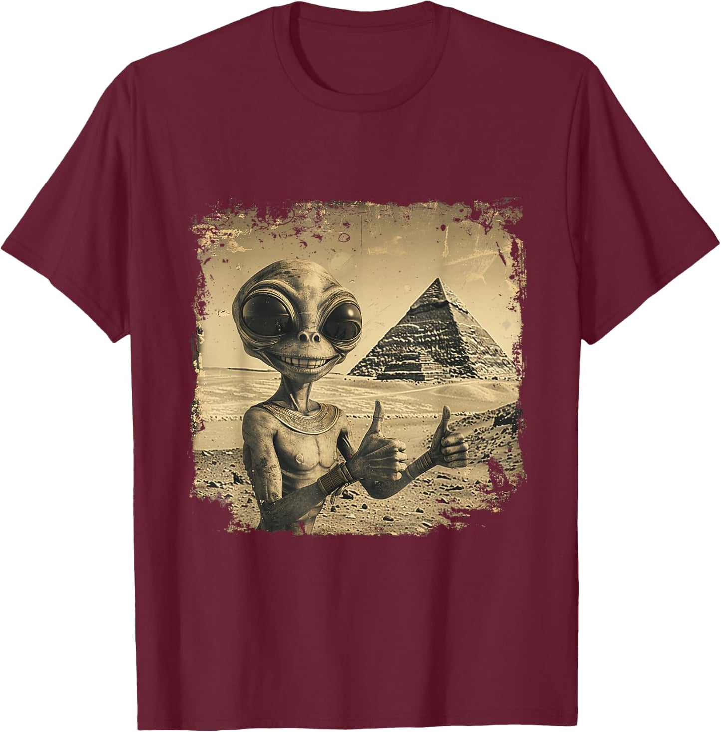 Aliens Ancient Thumb Up Pyramid Sci-Fi Egypt T-Shirt - T-Shirt | Maroon
