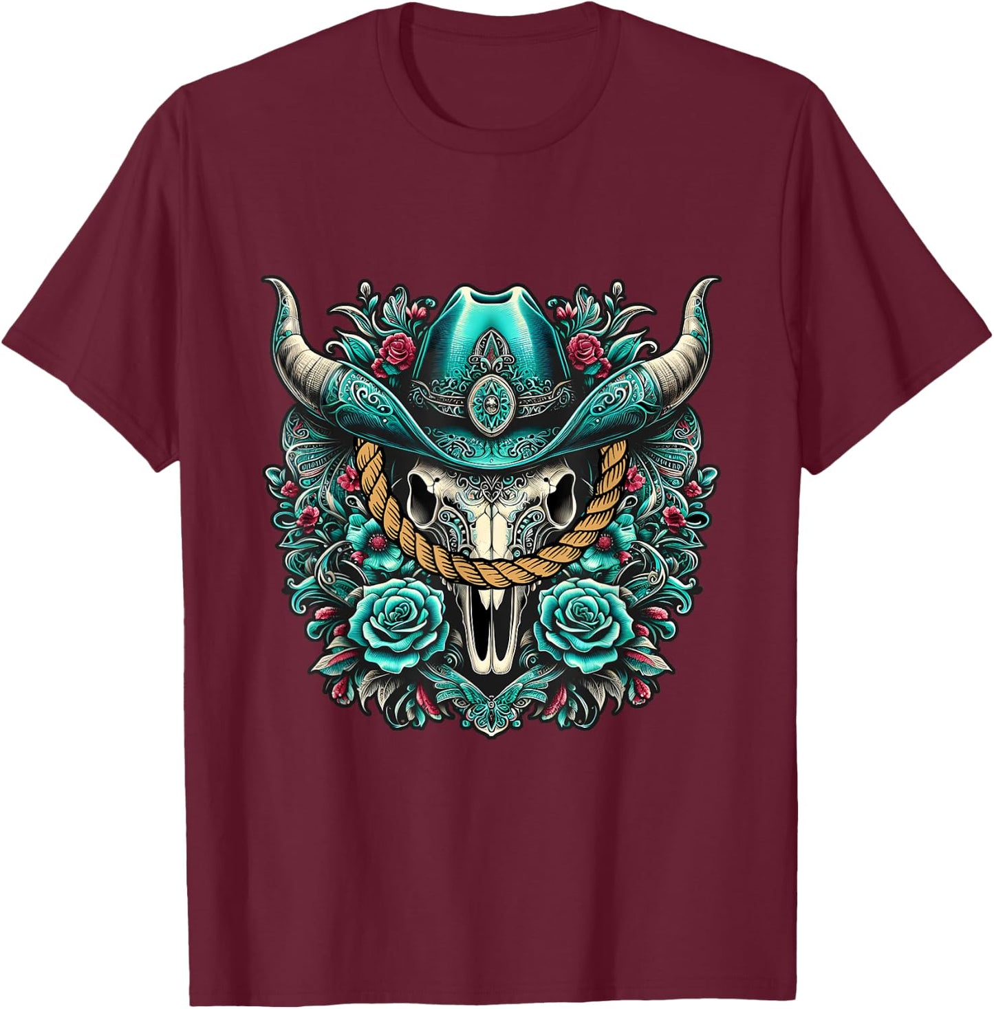 Turquoise Cow Skull Western Graphic Bull Skull Rodeo Queen T-Shirt - T-Shirt | Maroon