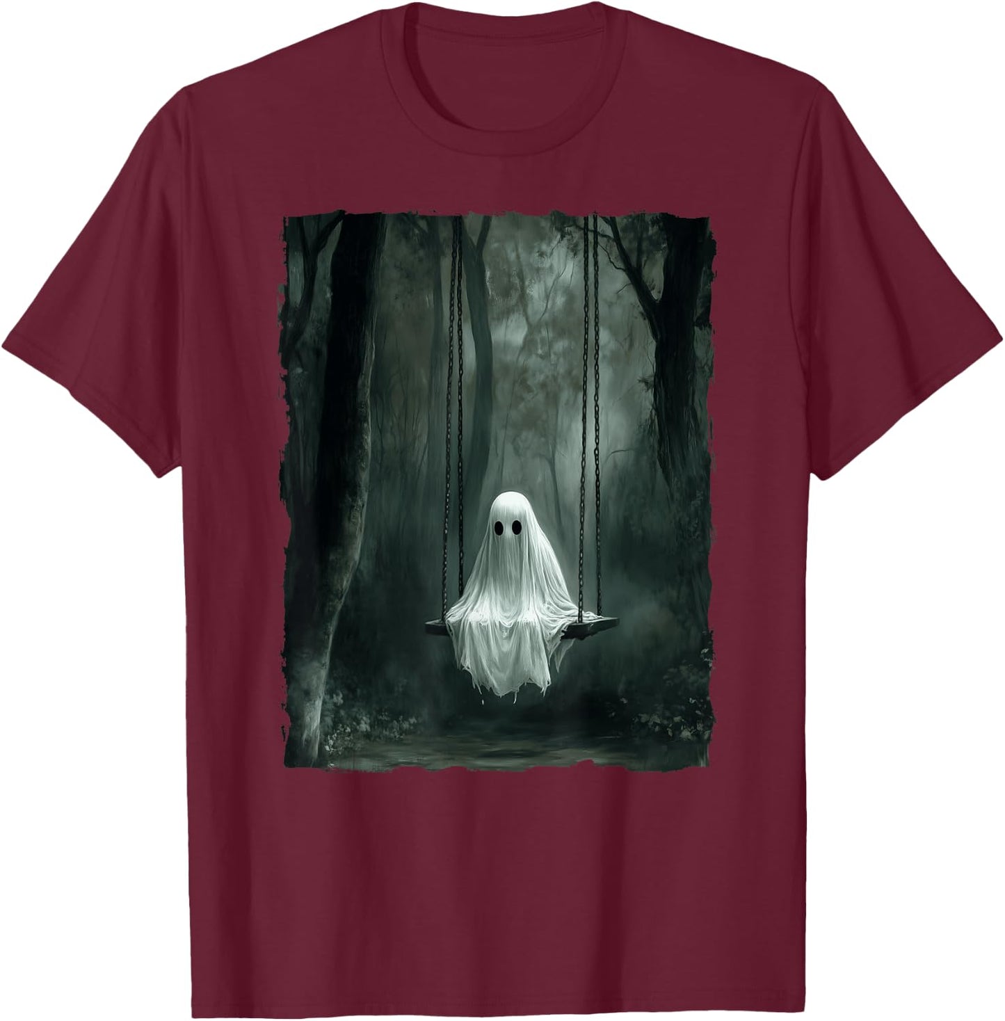 Vintage Floral Ghost On Swing In Forest Spooky Halloween T-Shirt - T-Shirt | Maroon