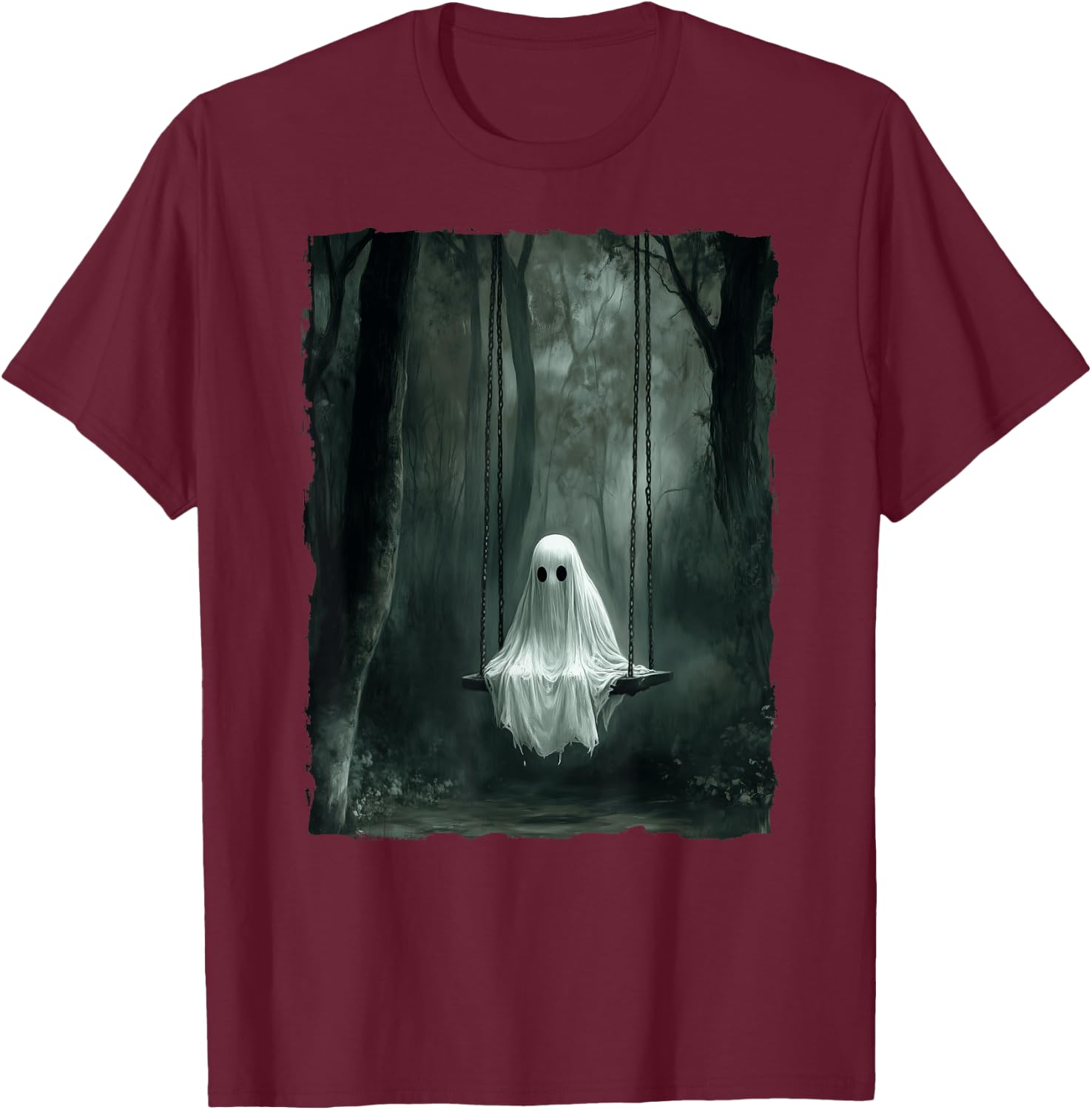 Vintage Floral Ghost On Swing In Forest Spooky Halloween T-Shirt - T-Shirt | Maroon