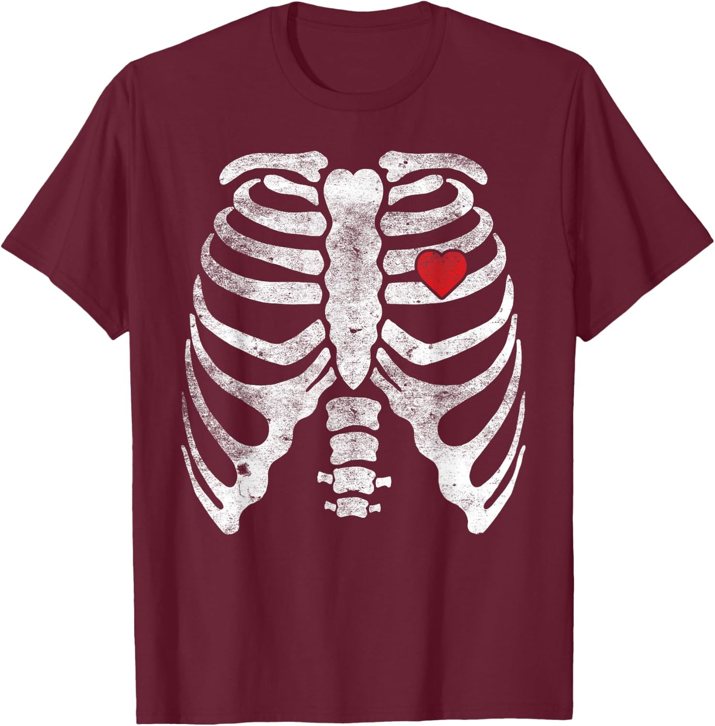 Heart Rib Cage X-Ray Adult Kids Funny Halloween Skeleton T-Shirt - T-Shirt | Maroon