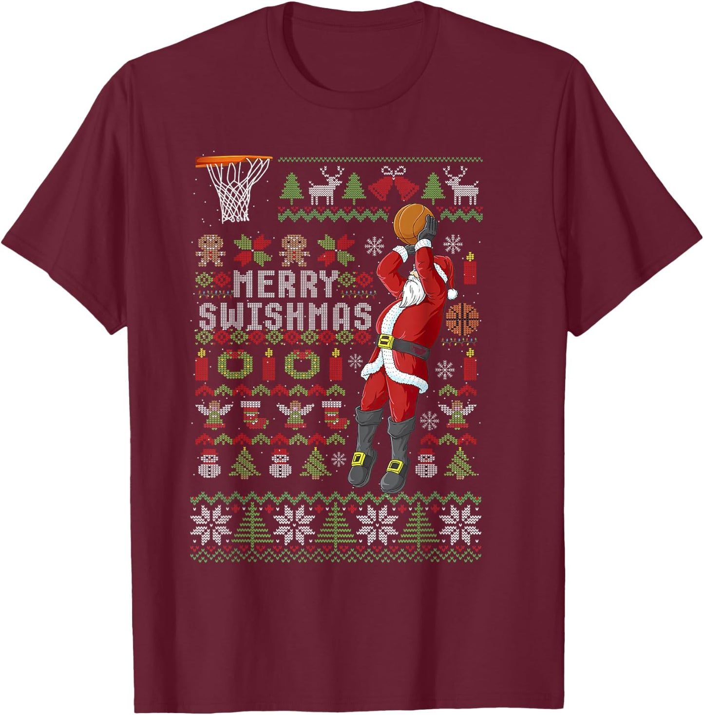 Merry Swishmas Ugly Christmas Basketball Christmas T-Shirt - T-Shirt | Maroon