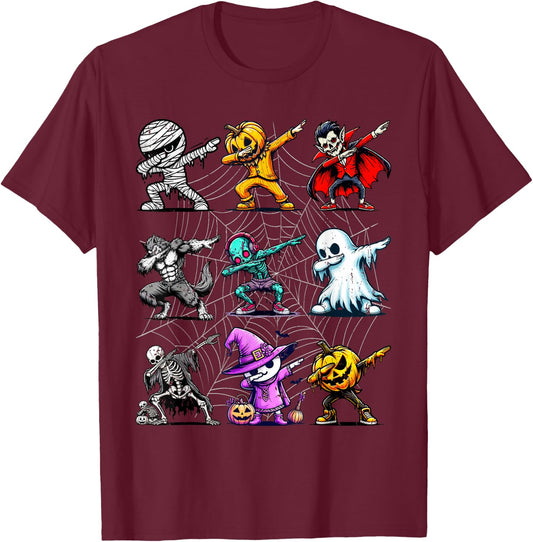 Dabbing Halloween Skeleton Zombie Ghost Pumpkin Mummy T-Shirt - T-Shirt | Maroon