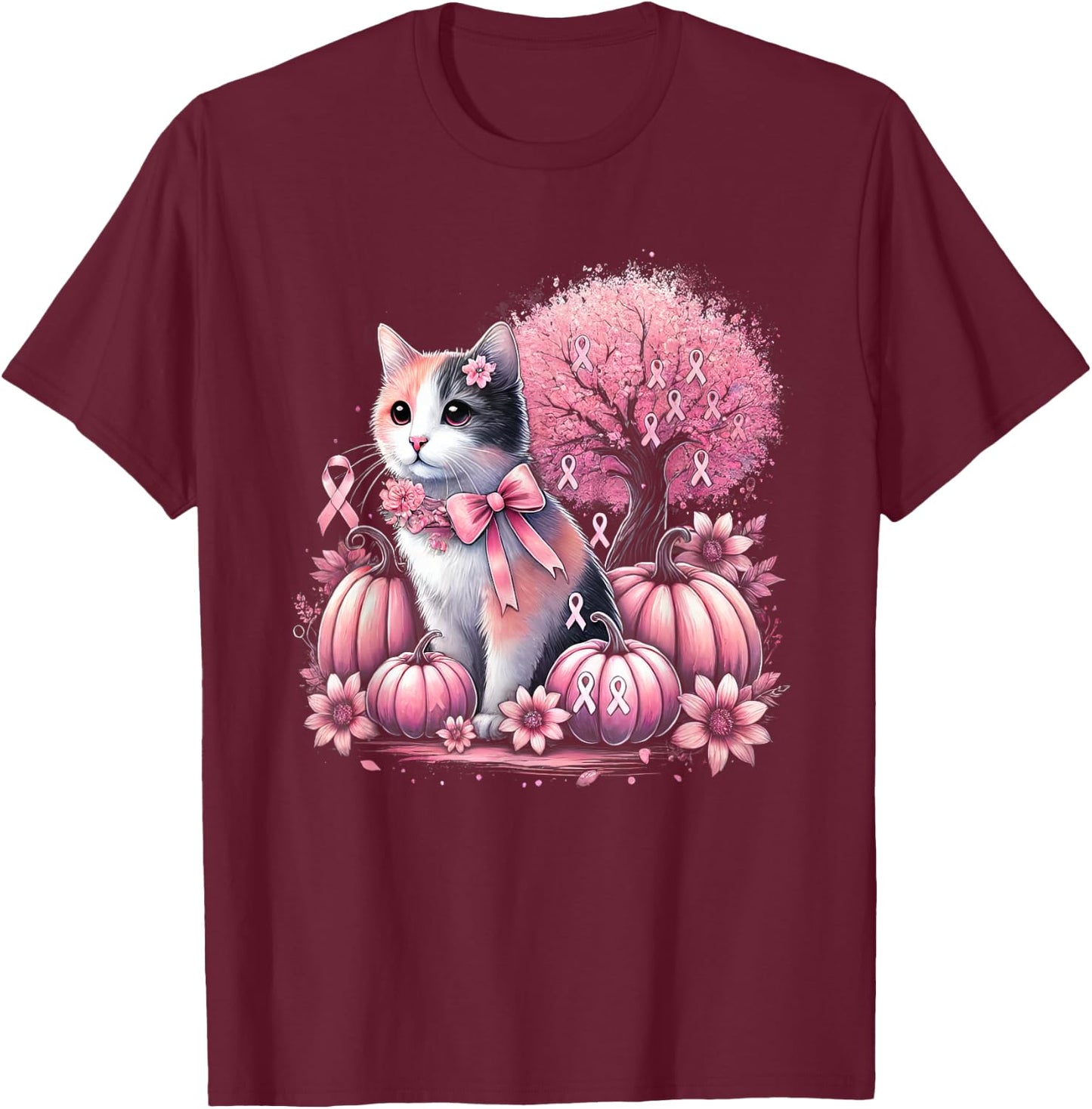 Cat Pink Flower Breast Cancer Awareness Men Women Kids T-Shirt - T-Shirt | Maroon
