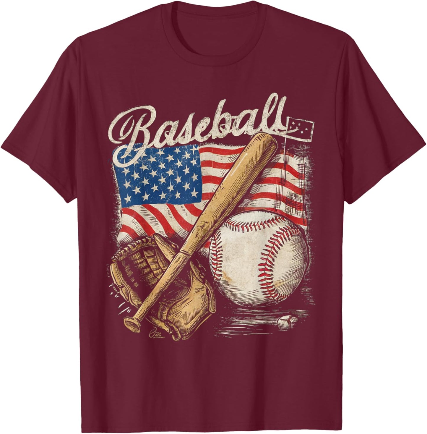 American Flag Baseball Player Bat Fan Catcher Pitcher USA T-Shirt - T-Shirt | Maroon