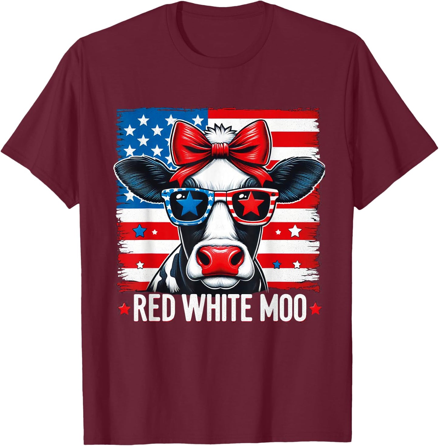 Patriotic Cow USA Flag 4th of July Red and White and Moo T-Shirt - T-Shirt | Maroon