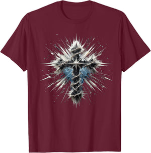 Christian Cross Punk-Art Style Distressed Crown of thorns T-Shirt - T-Shirt | Maroon