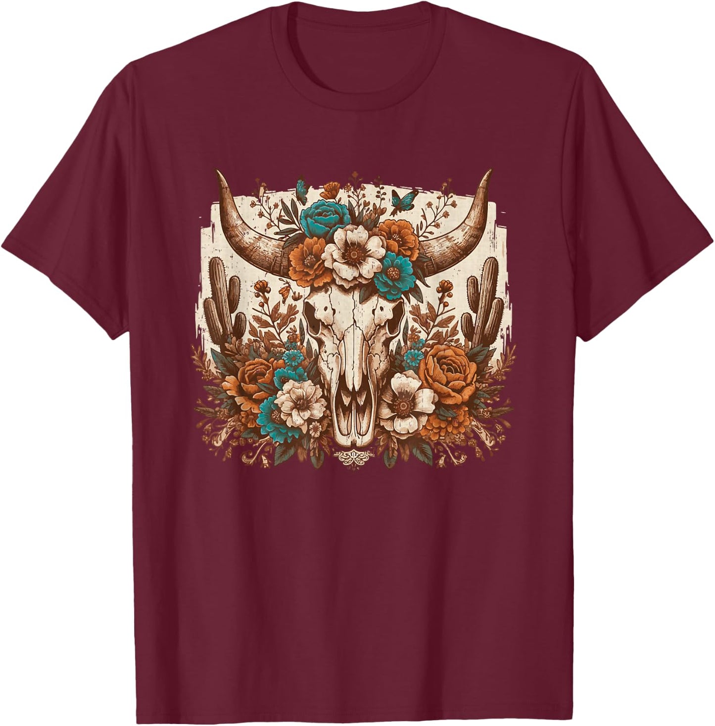 Western Boho Cow Bull Skull Flowers Wild West Country T-Shirt - T-Shirt | Maroon