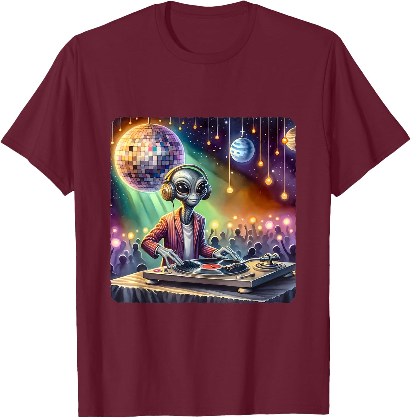 Alien Dj Under Mirror Ball Moon. Turntable Planets Lights T-Shirt - T-Shirt | Maroon