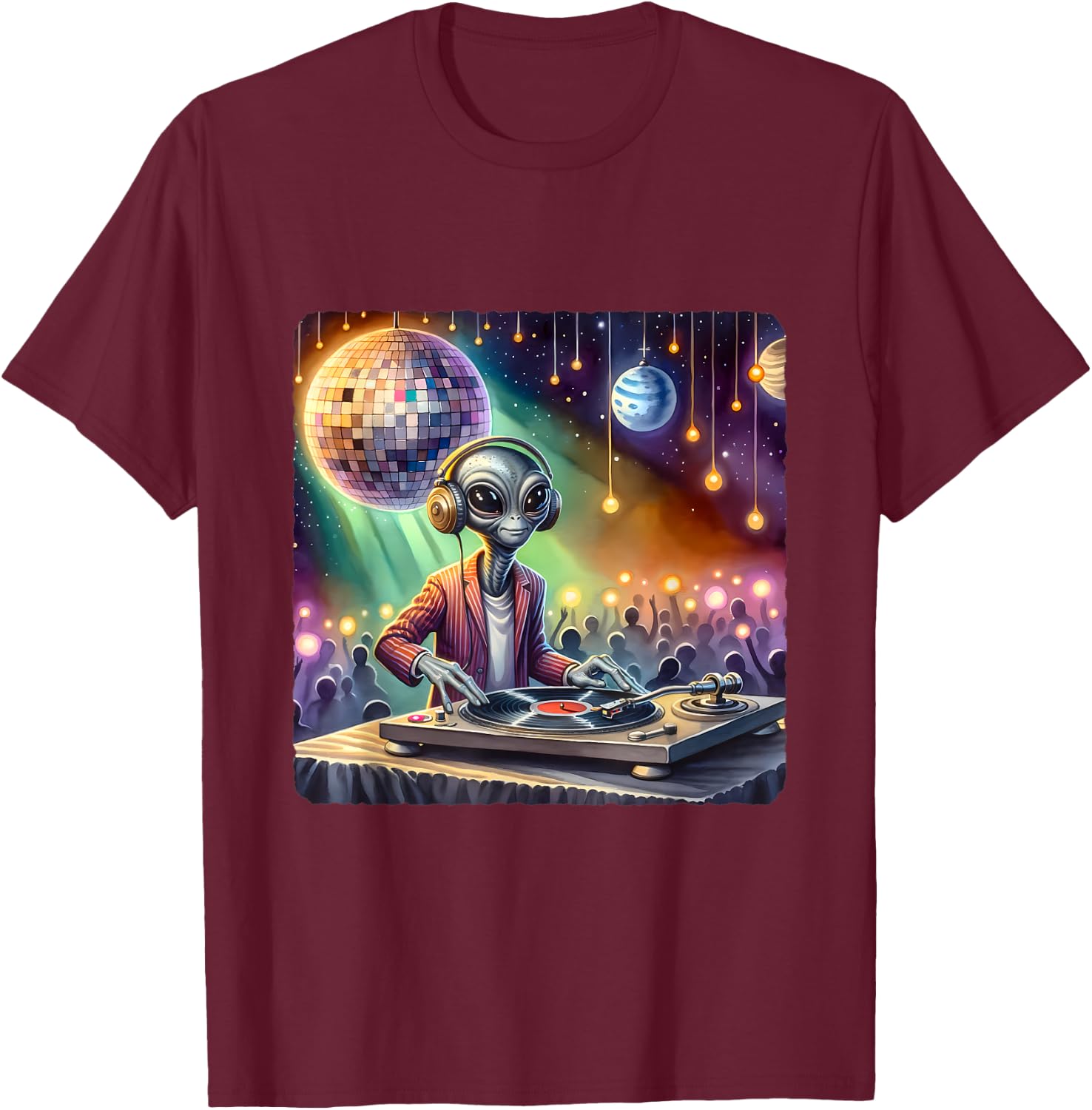 Alien Dj Under Mirror Ball Moon. Turntable Planets Lights T-Shirt - T-Shirt | Maroon