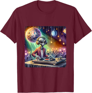 Alien Dj Under Mirror Ball Moon. Turntable Planets Lights T-Shirt - T-Shirt | Maroon