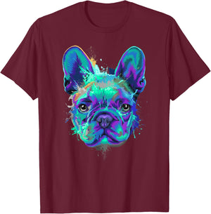 Frenchie Bulldog French Dog Face Colorful Pop Art Style Cool Men Women Kids T-Shirt - T-Shirt | Maroon