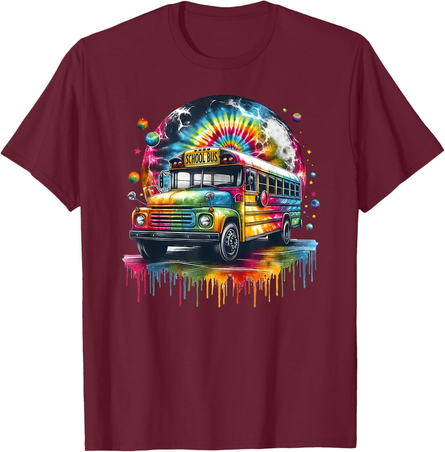 Tie Dye School Bus Art Psychedelic Retro Colors Futuristic T-Shirt - T-Shirt | Maroon