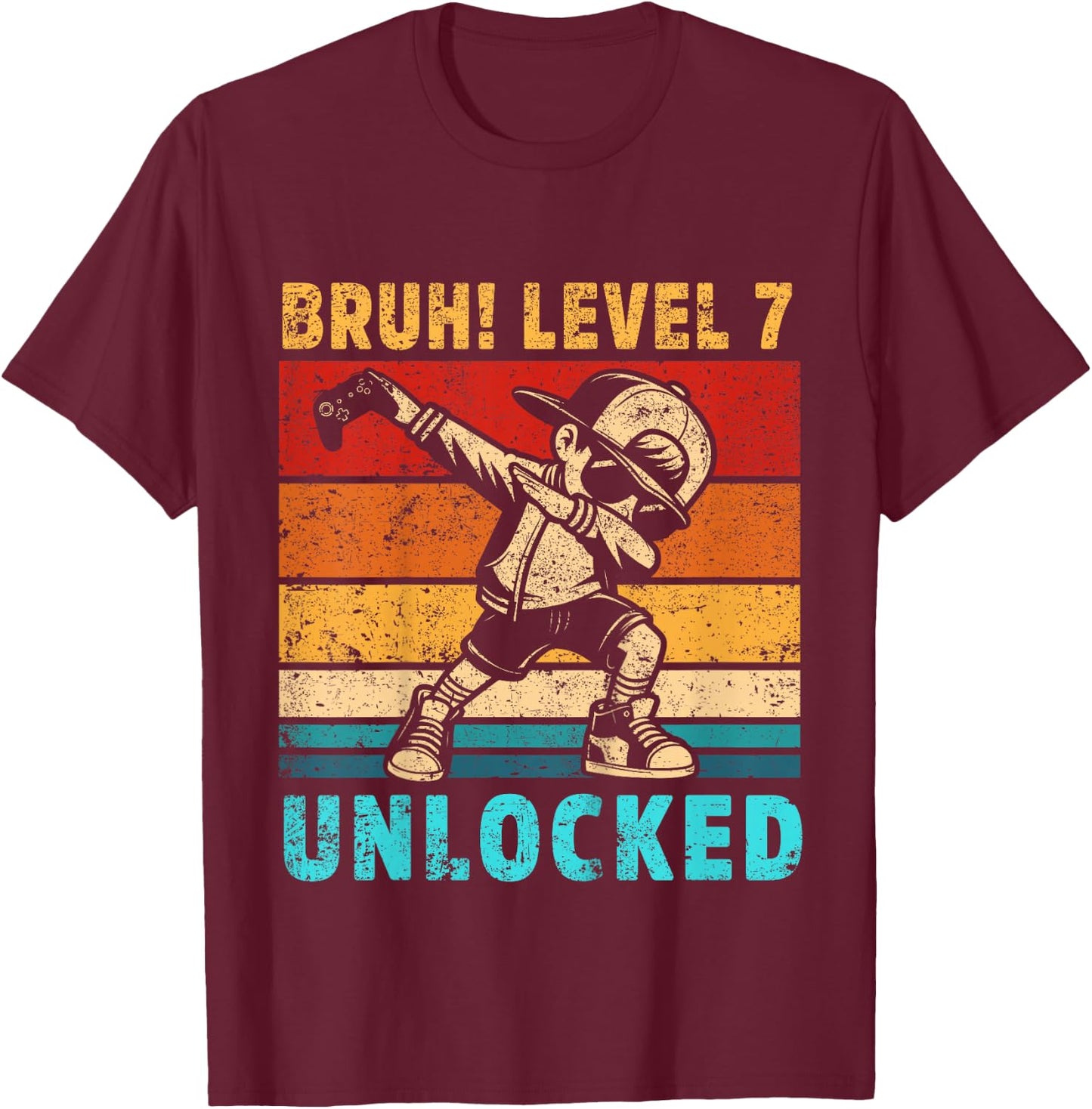 Kids 7 Year Old Birthday Dabbing Boy Bruh 7th Level Unlocked T-Shirt - T-Shirt | Maroon