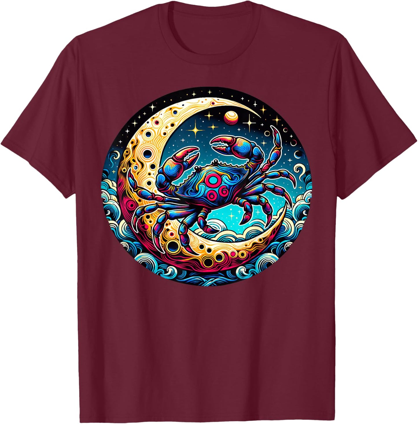 Colorful Abstract Crab On Crescent Moon With Waves And Stars T-Shirt - T-Shirt | Maroon