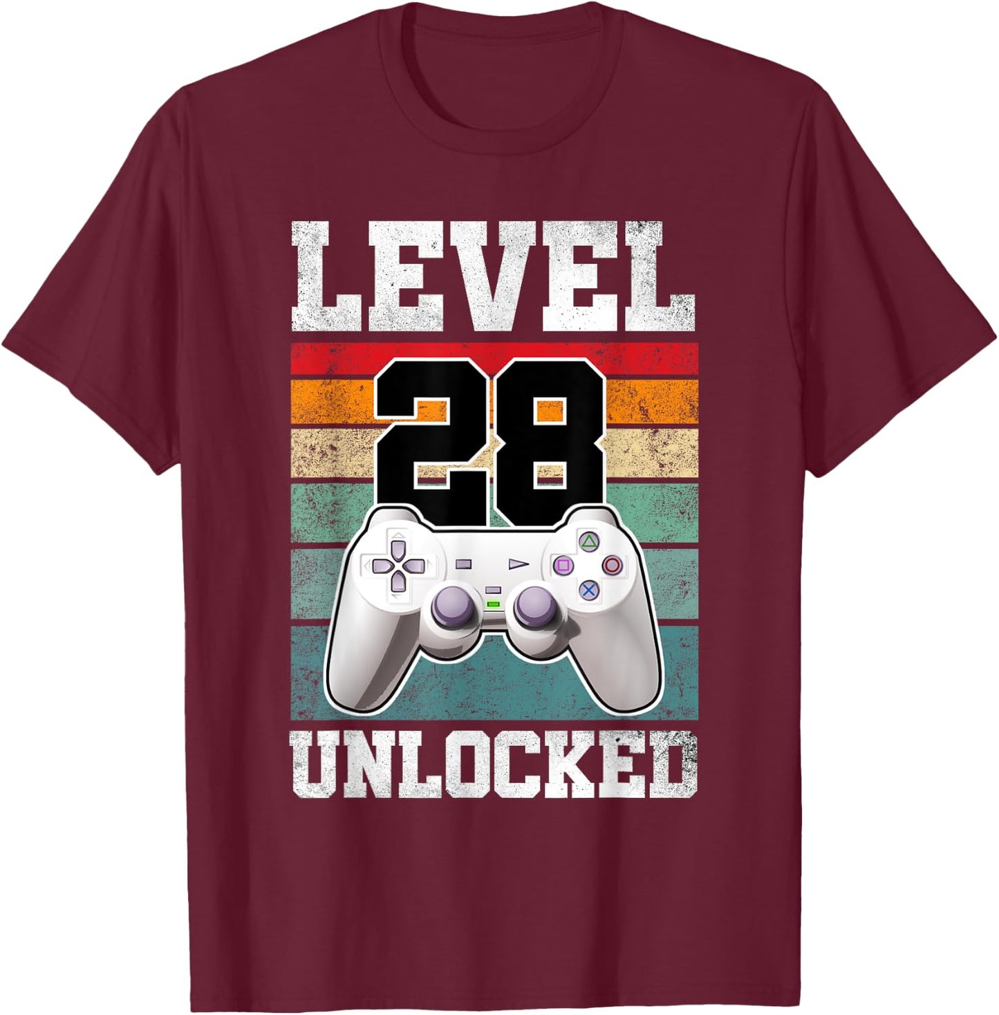 28 Year Old Gaming Level 28 Unlocked Gamers 28th Birthday T-Shirt - T-Shirt | Maroon