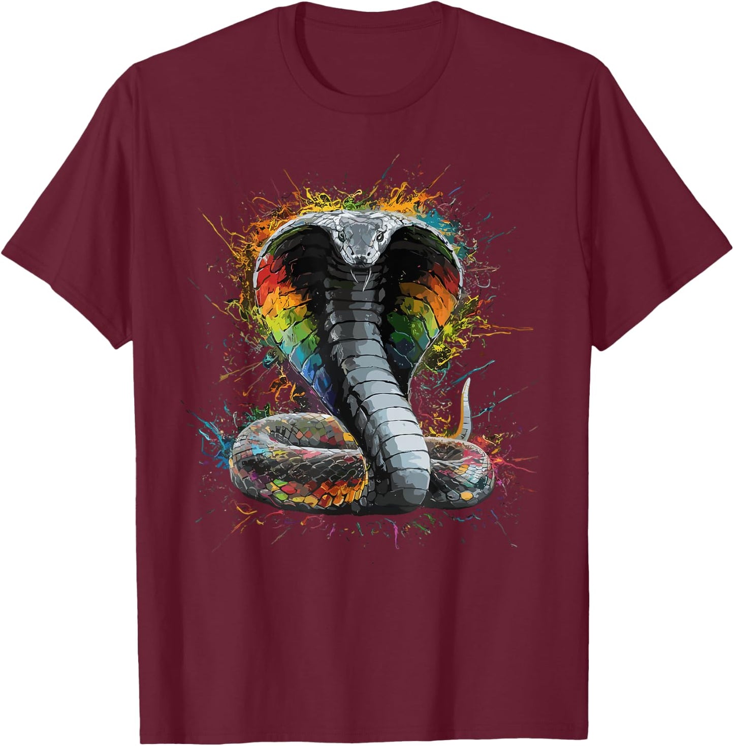 Colorful Paint Splash King Cobra Snake Art Graphic T-Shirt - T-Shirt | Maroon