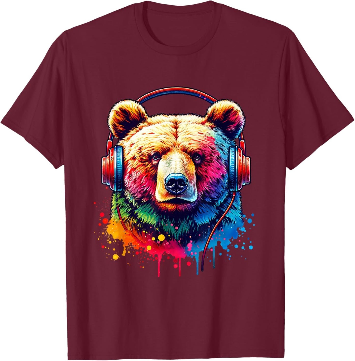 Bear With Headphones T-Shirt - T-Shirt | Maroon