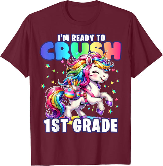 Crush 1st Grade Girls Back to School Unicorn First Day Cute T-Shirt - T-Shirt | Maroon