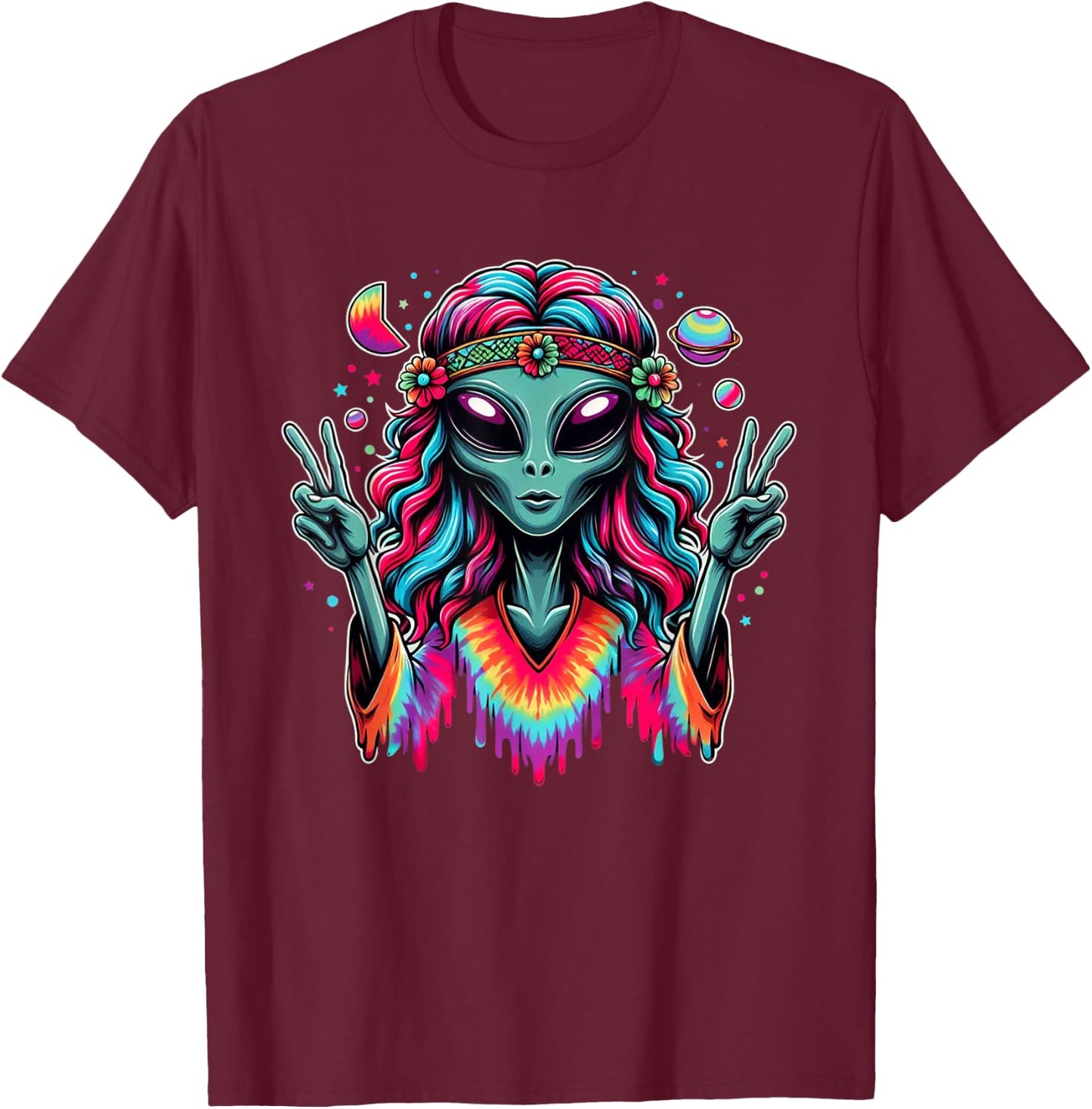 Tie Dye Alien Peace Sign Funny Boho Hippie T-Shirt - T-Shirt | Maroon