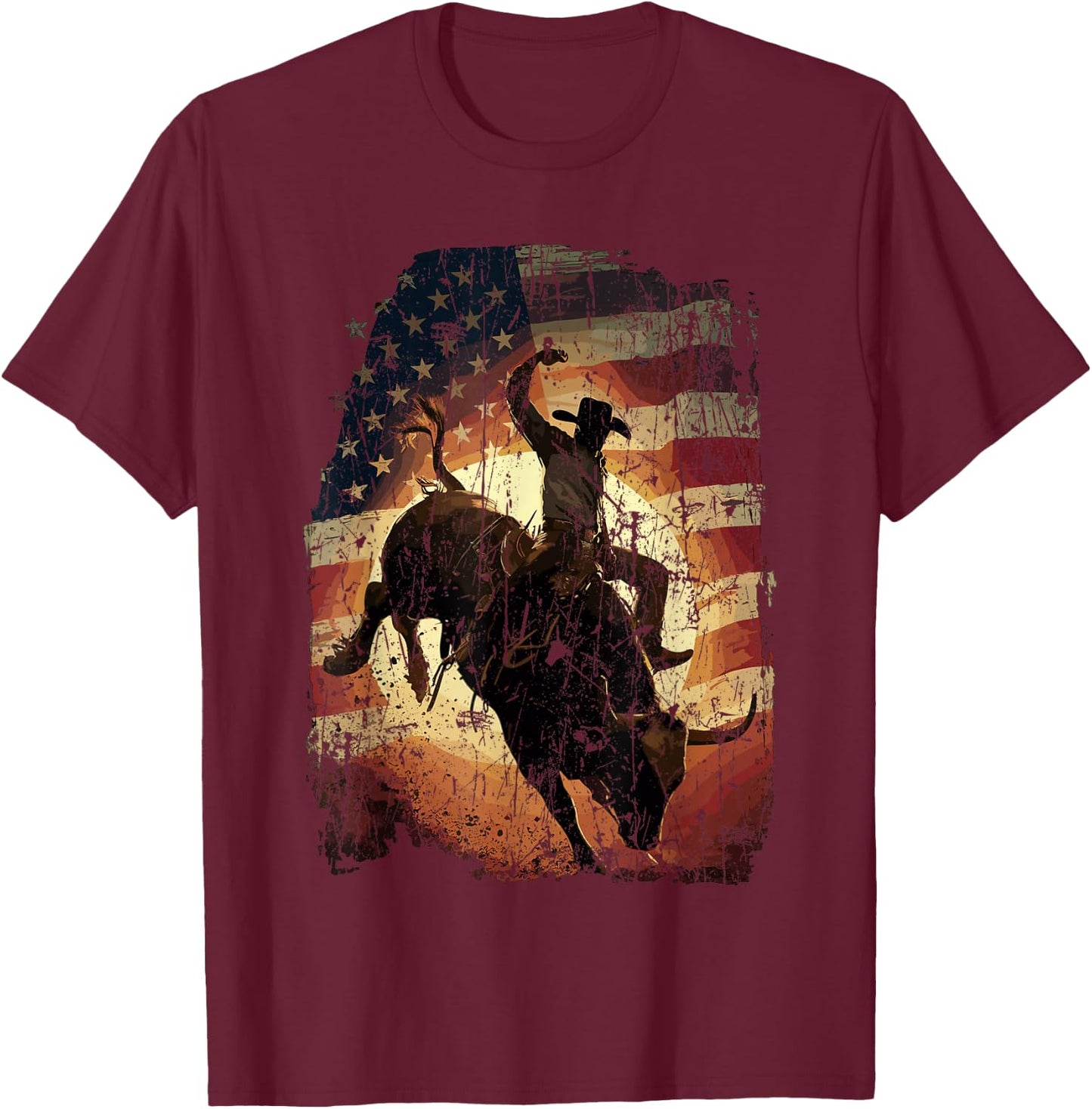 Rodeo Rider Bull Patriotic Cowboy USA Flag T-Shirt - T-Shirt | Maroon