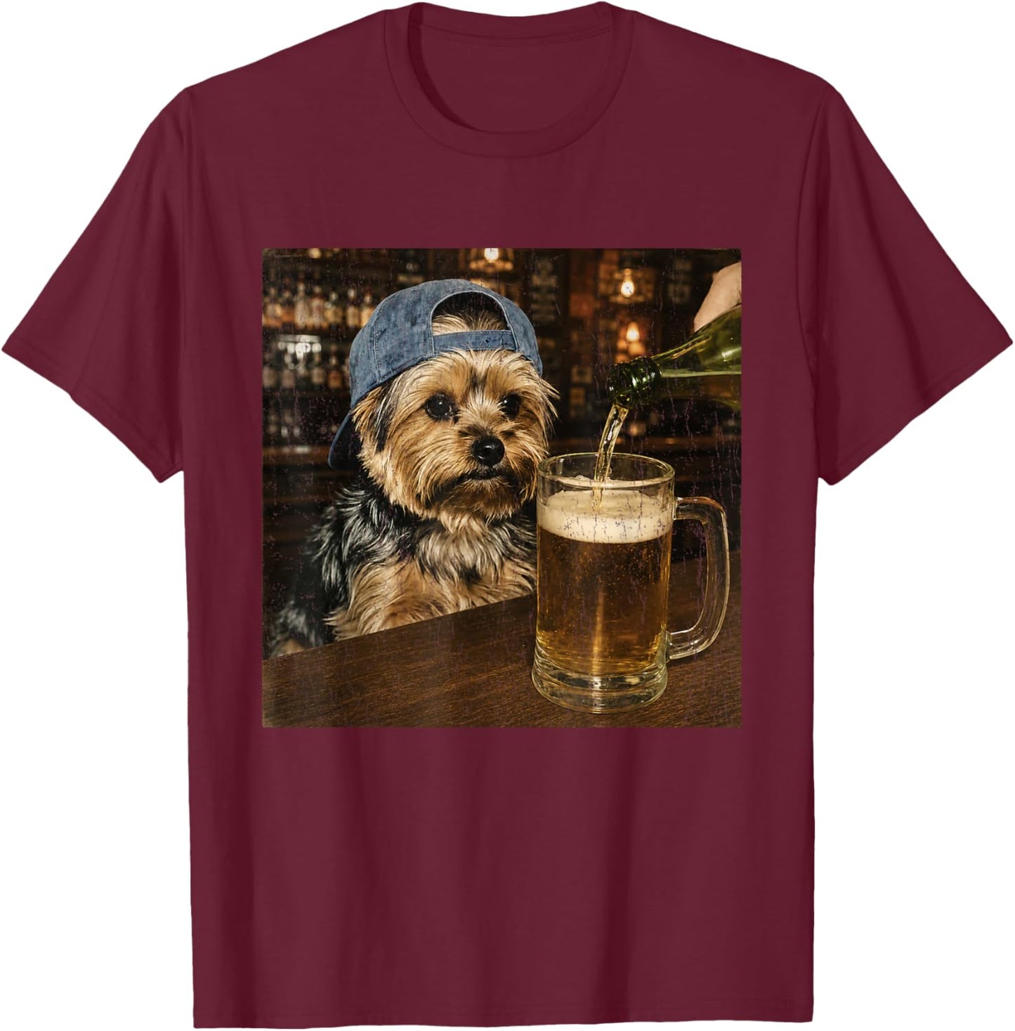 Yorkie Drinking Beer Shirt Funny Dog Meme Art Vintage T-Shirt - T-Shirt | Maroon