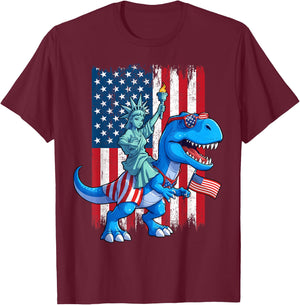 Dino Statue Of Liberty 4th Of July TRex American Flag Boys T-Shirt - T-Shirt | Maroon