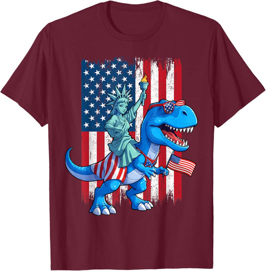 Dino Statue Of Liberty 4th Of July TRex American Flag Boys T-Shirt - T-Shirt | Maroon