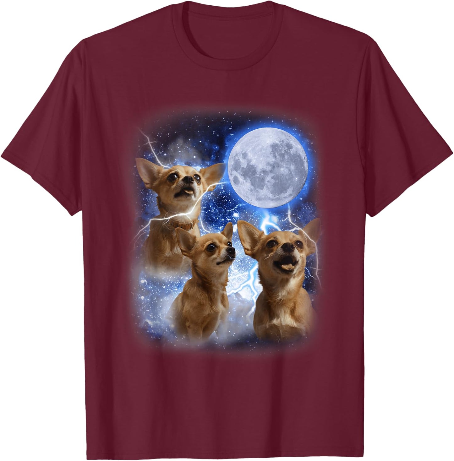 Three Chihuahuas Howl at Moon - 3 Dogs Funny Wolves Parody T-Shirt - T-Shirt | Maroon
