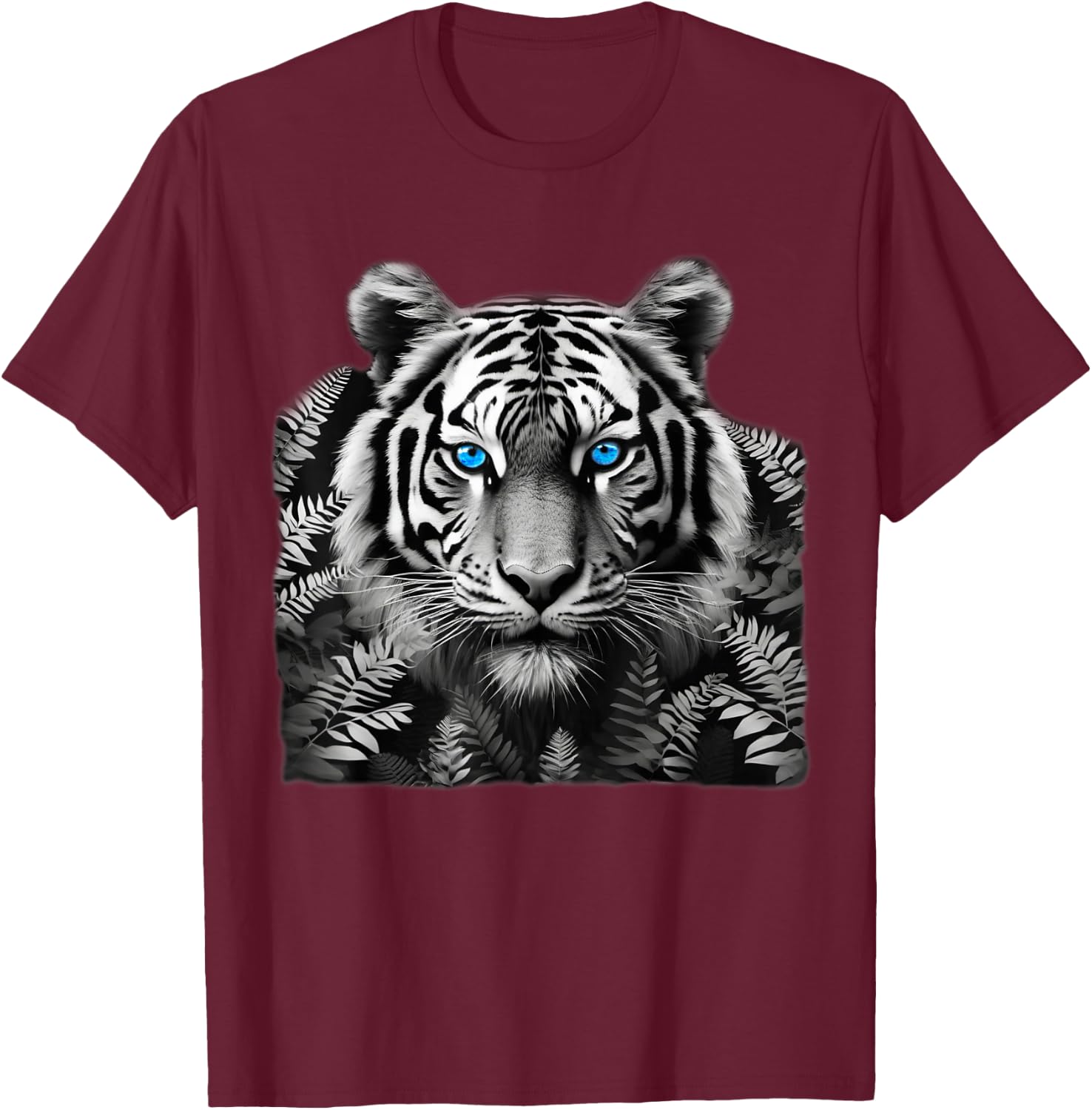 Tiger Black White Art with Stunning Blue Eyes T-Shirt - T-Shirt | Maroon