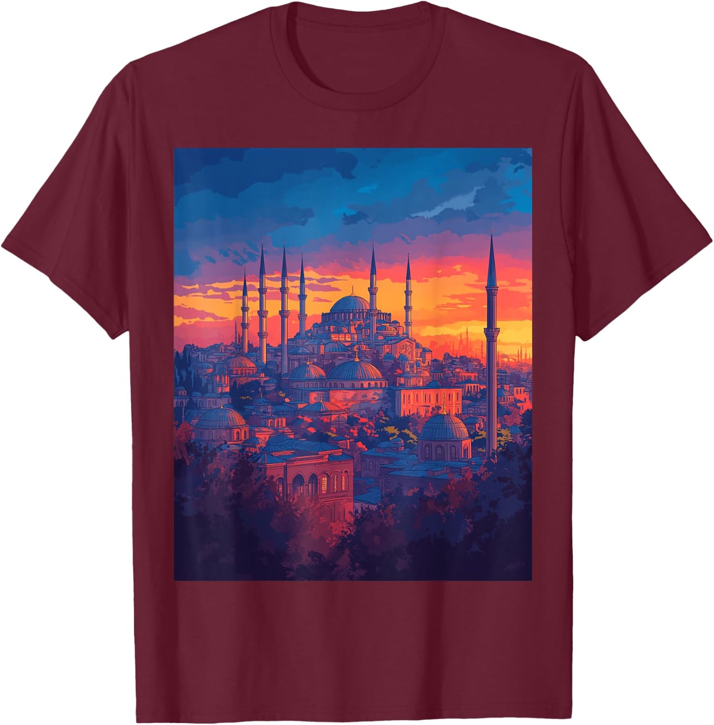 Istanbul Skyline With Historical Architecture T-Shirt - T-Shirt | Maroon