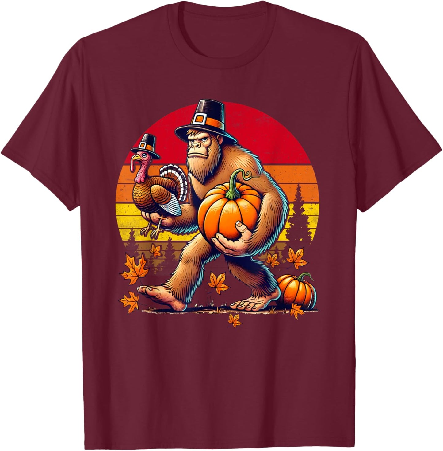 Bigfoot Pilgrim Turkey Pumpkin Sasquatch Retro Thanksgiving T-Shirt - T-Shirt | Maroon