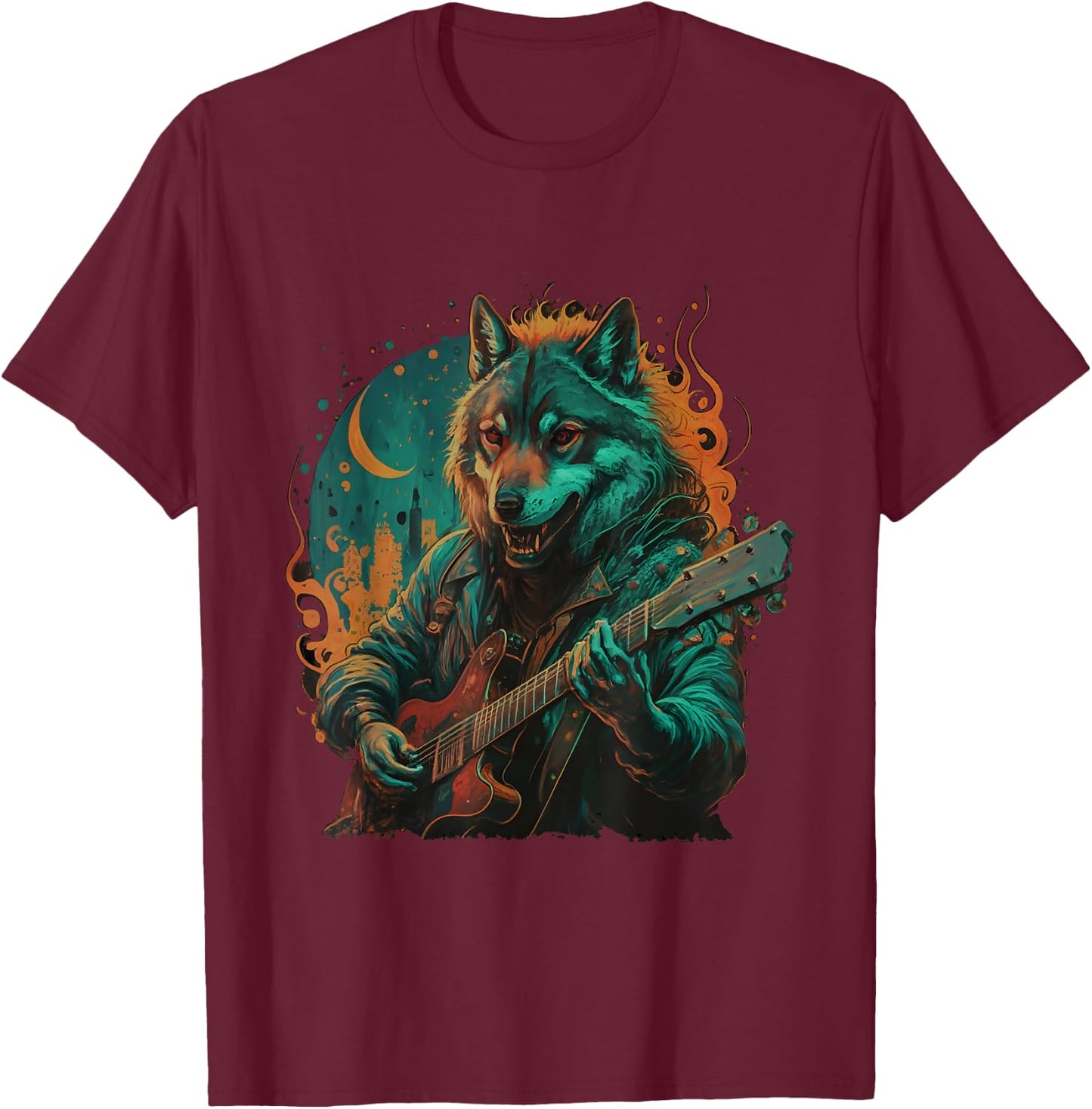 Wolf Playing Guitar Lover Rock Star Rock And Roll Guitarist T-Shirt - T-Shirt | Maroon