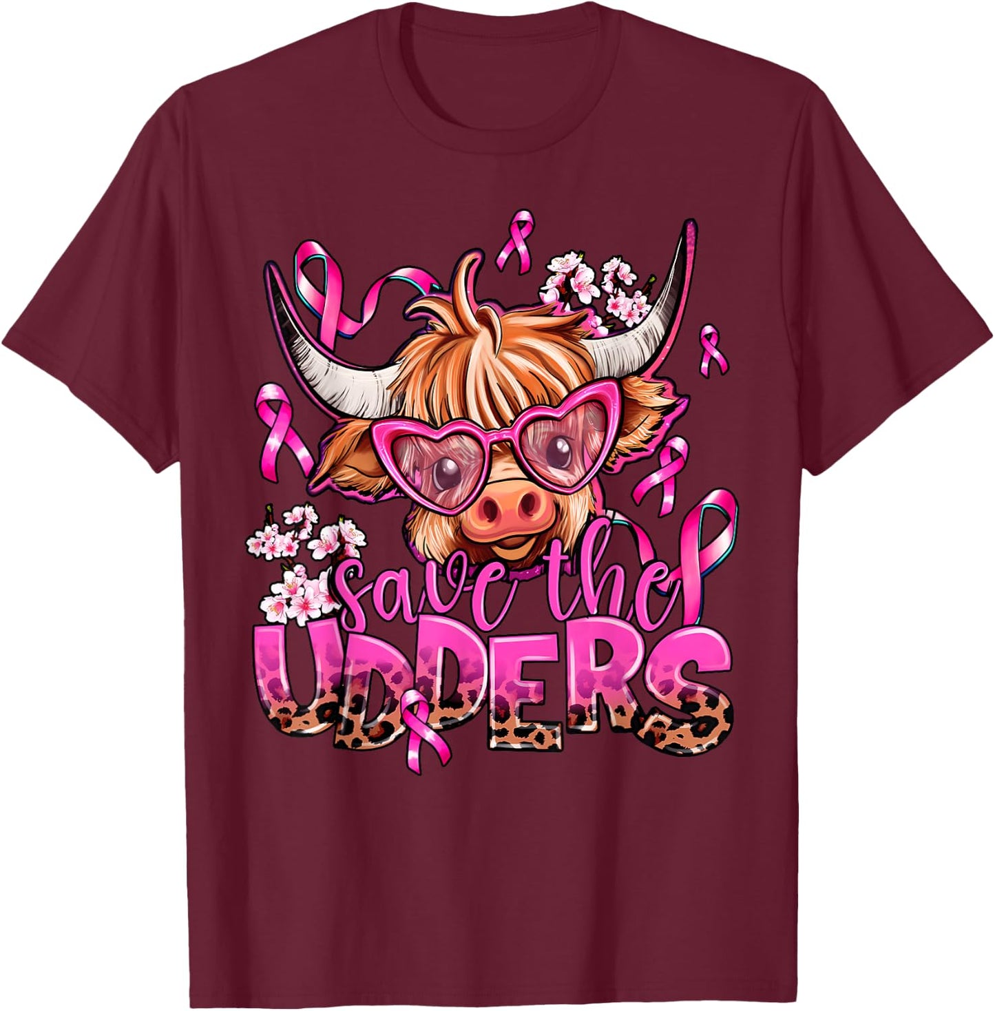 Save The Udders Highland Cow Pink Breast Cancer Awareness T-Shirt - T-Shirt | Maroon
