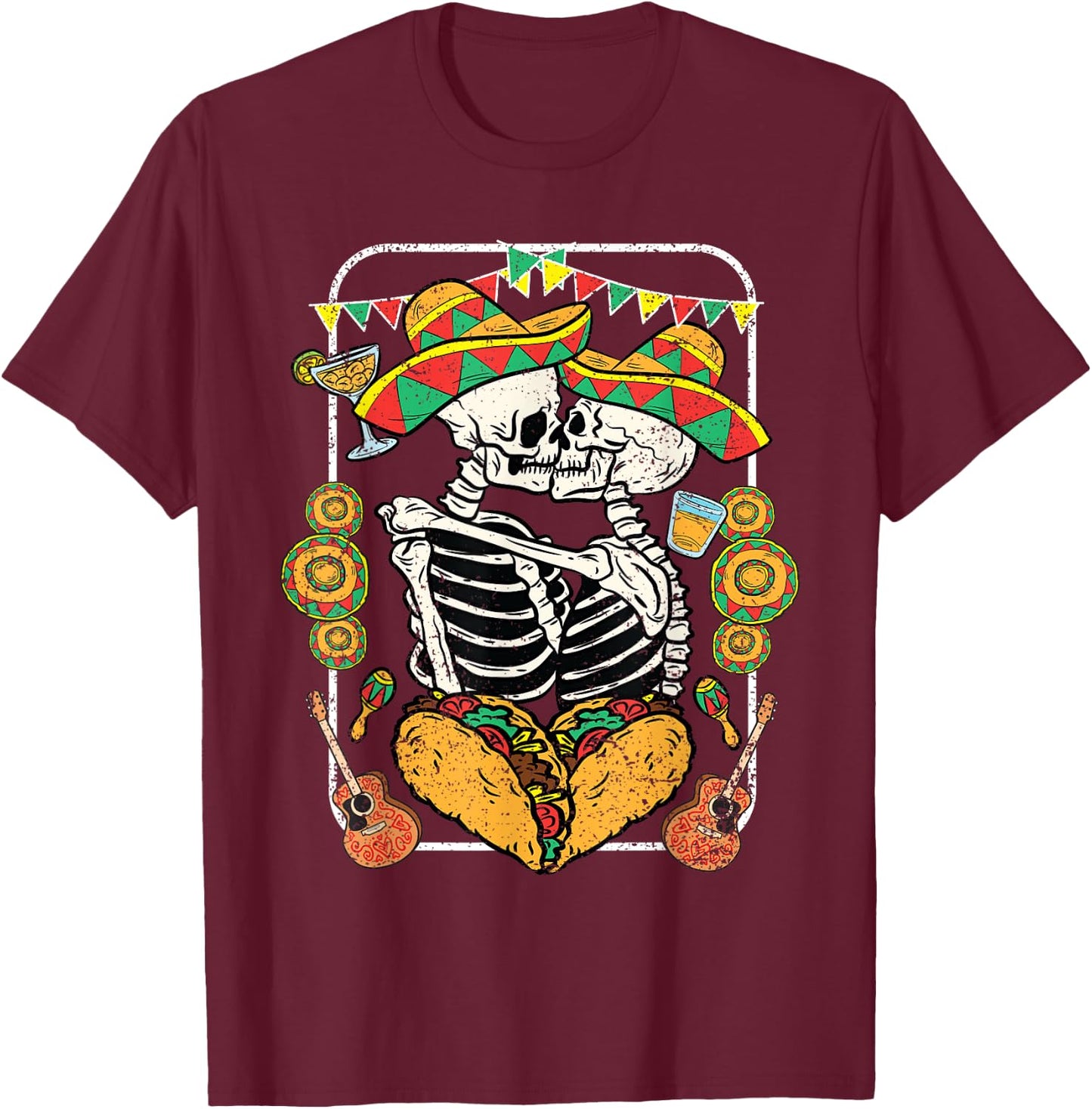 Skeleton Kissing Cinco De Mayo Mexican Sombrero Taco Heart T-Shirt - T-Shirt | Maroon