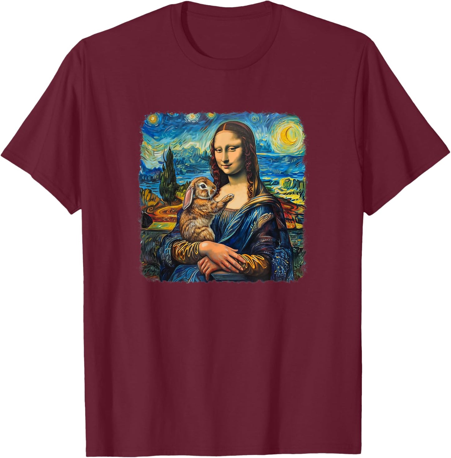 Mona Lisa with Rabbit Van Gogh Starry Night Painting T-Shirt - T-Shirt | Maroon