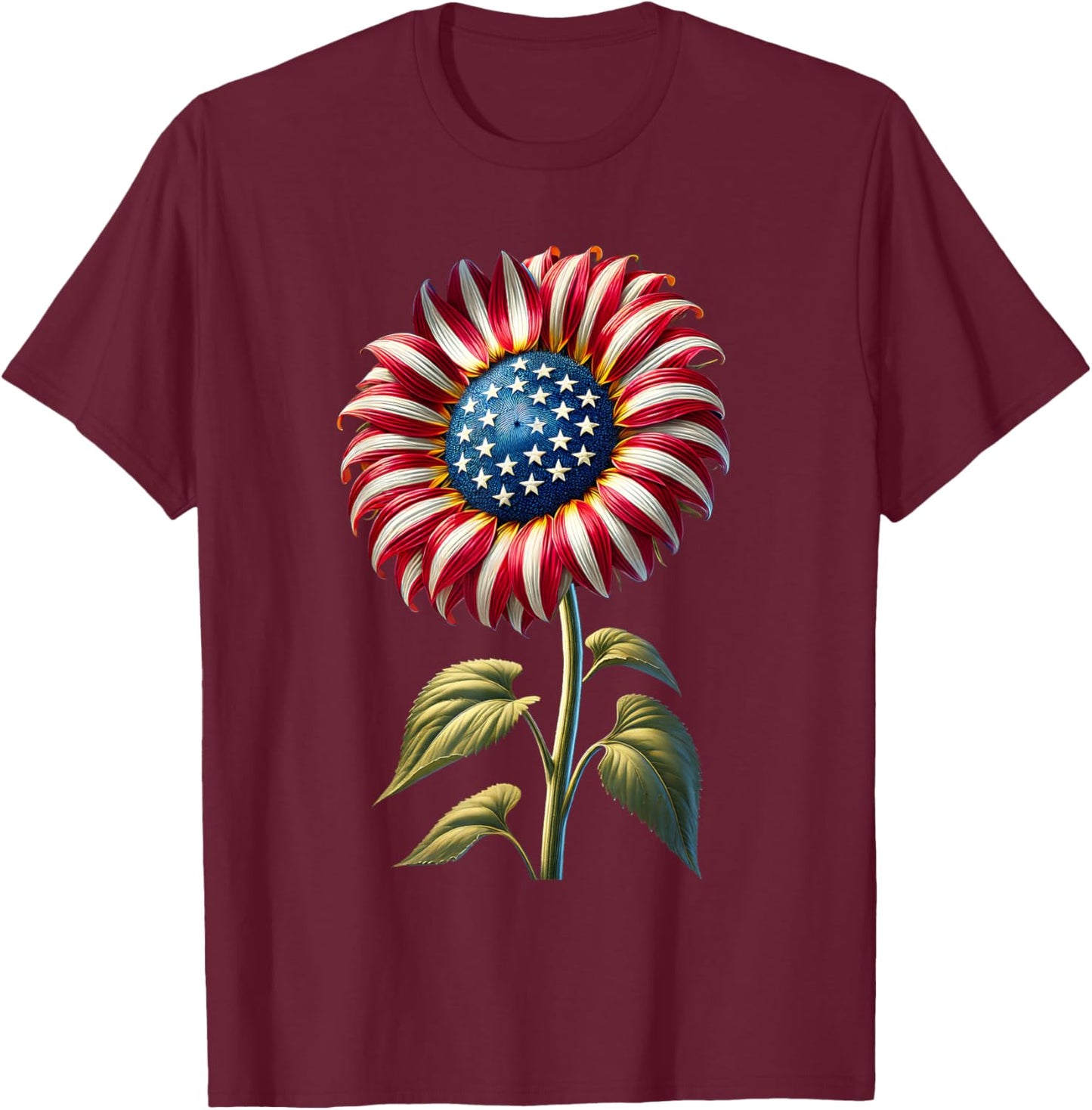 Sunflower American Flag USA Merica Funny 4th Of July Fourth T-Shirt - T-Shirt | Maroon