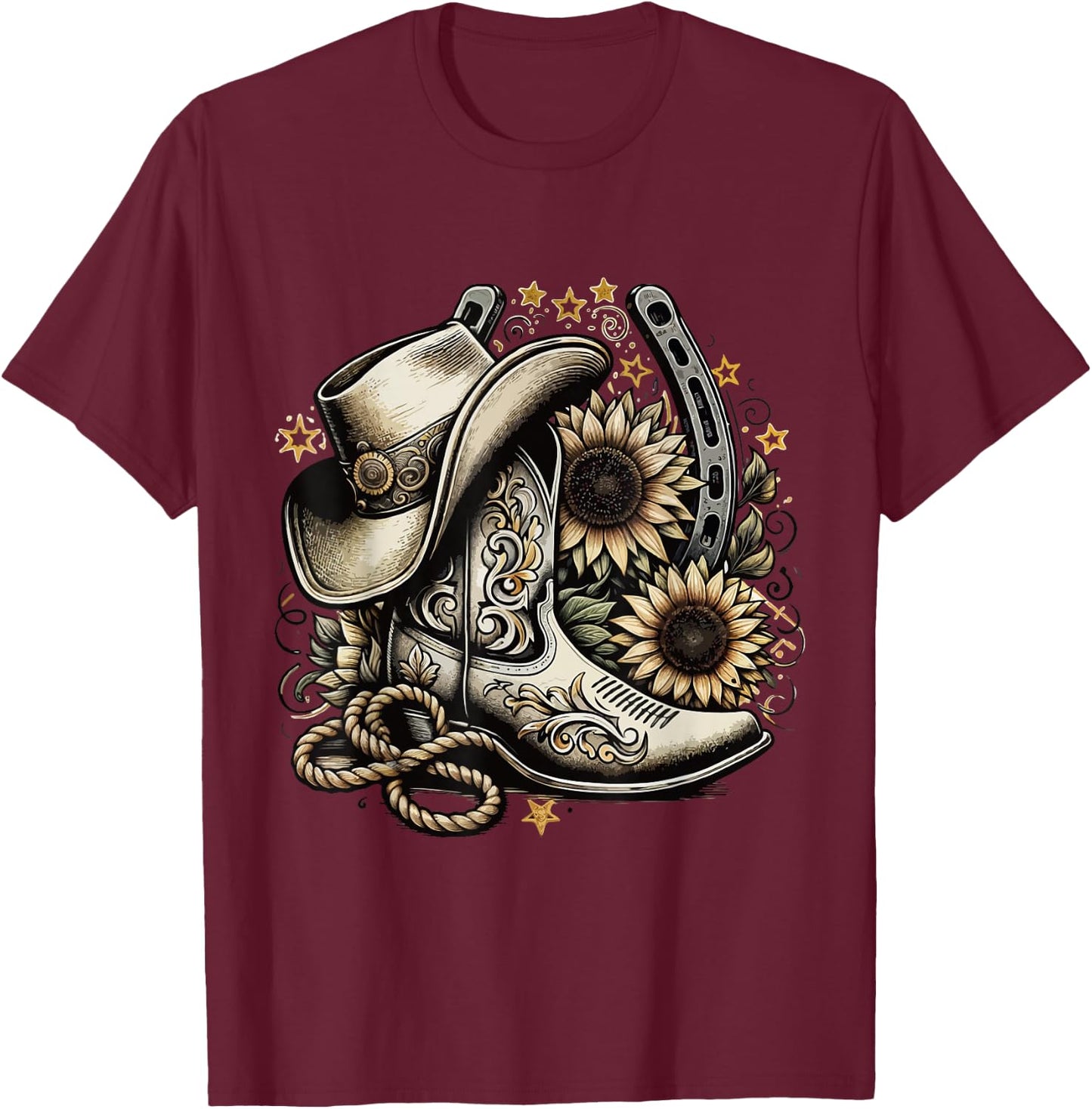Western Cowboy Boot Horseshoe Sunflower Rope Cowgirl country , Small, Black T-Shirt - T-Shirt | Maroon