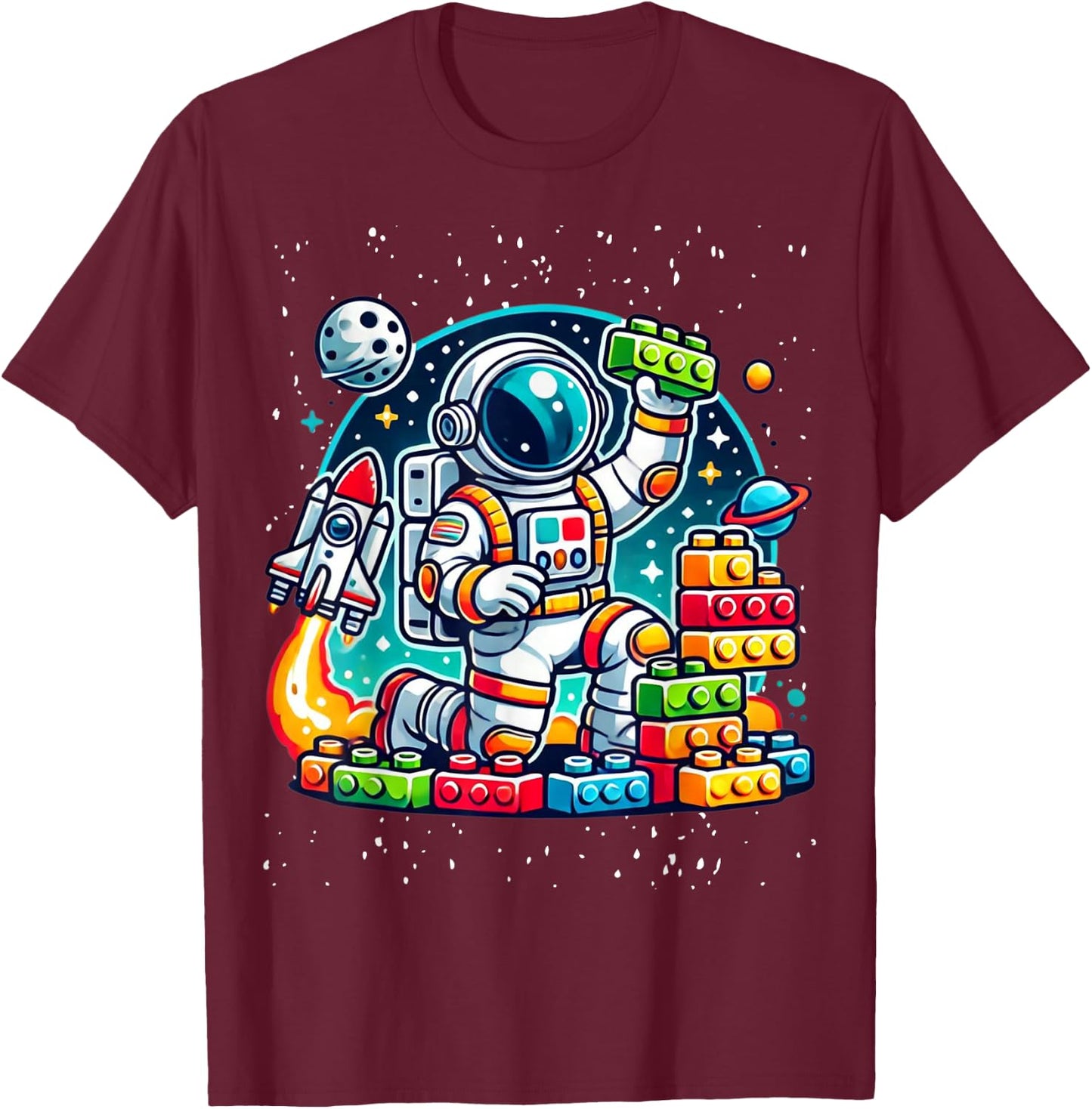 Master Builder Space Astronaut Building Blocks Bricks Boys T-Shirt - T-Shirt | Maroon