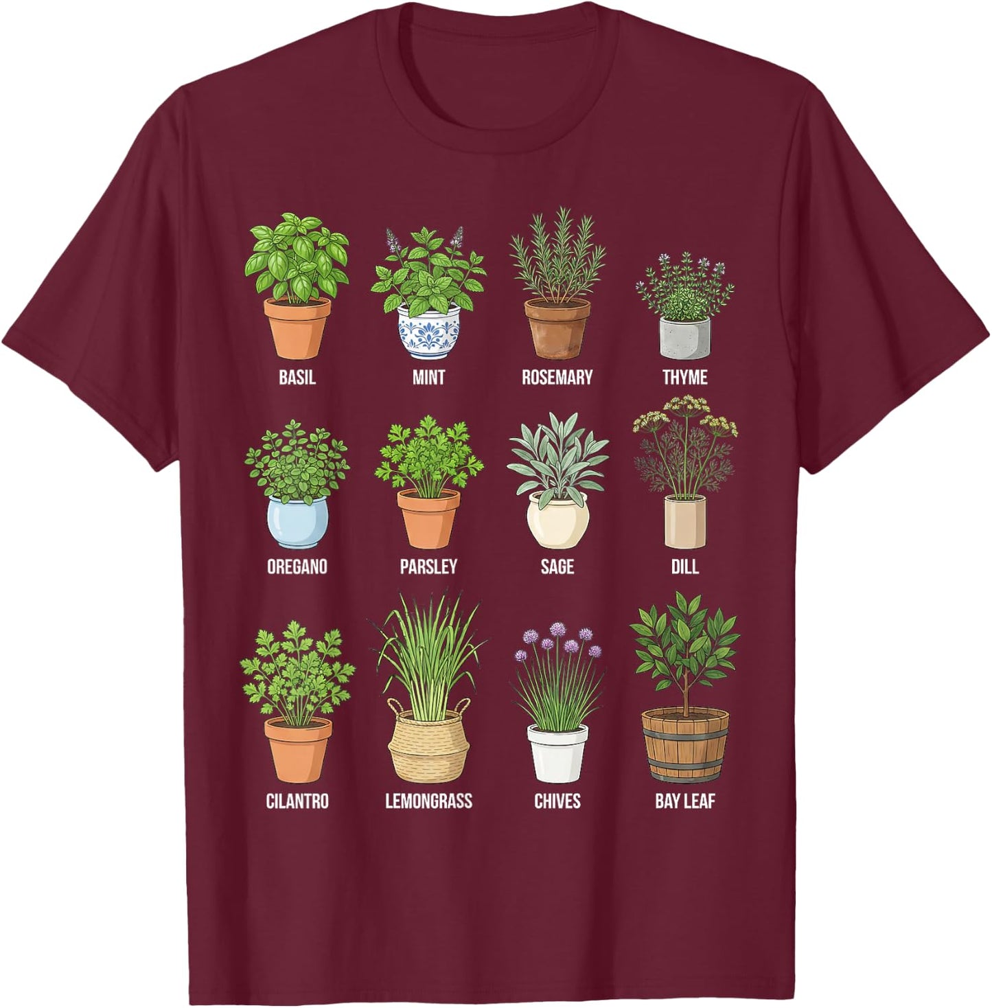 Herbs in Pots Culinary & Botanical Chart T-Shirt - T-Shirt | Maroon