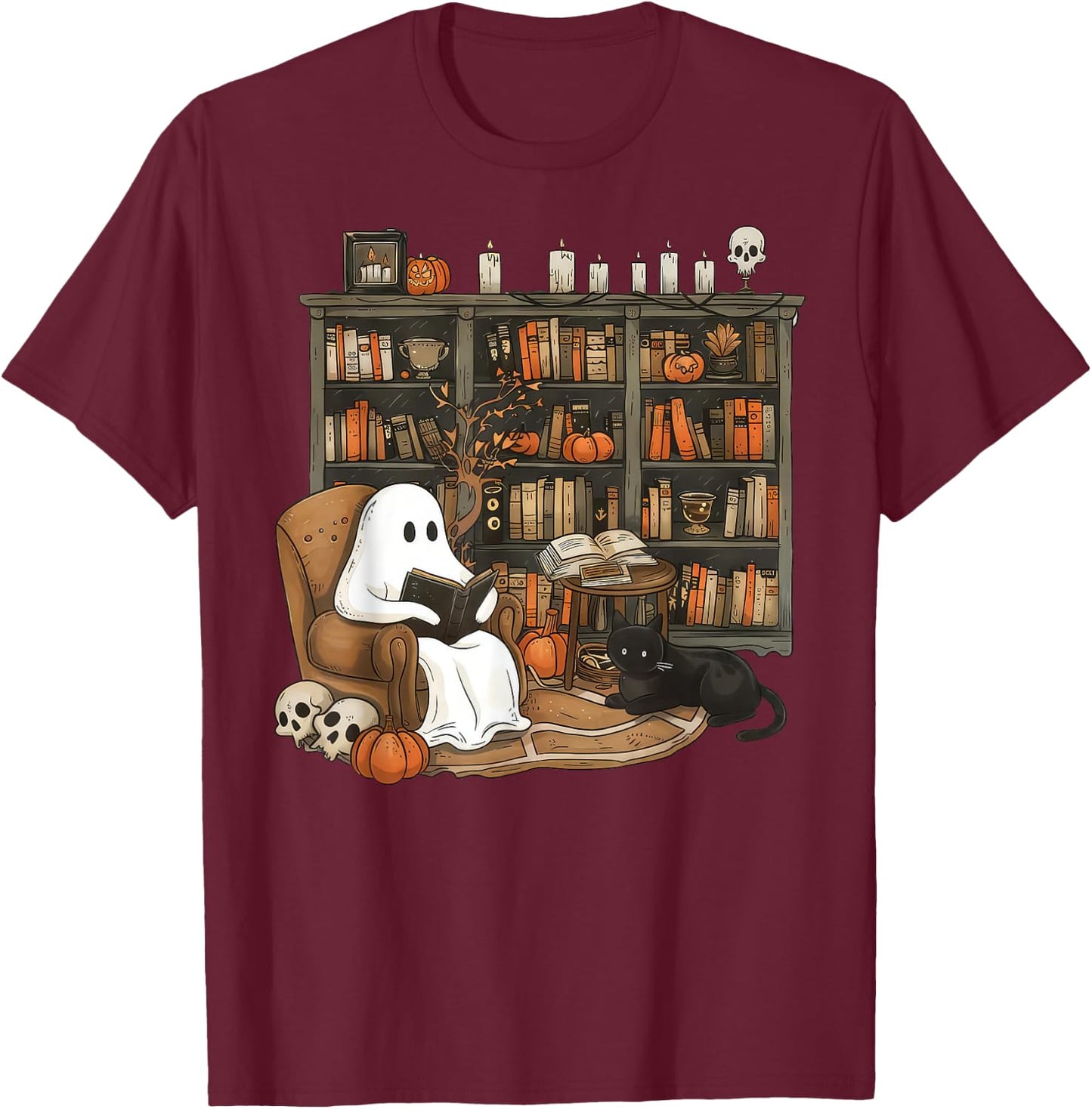 Vintage Ghost Reading Books Librarian Teacher Halloween Women T-Shirt - T-Shirt | Maroon