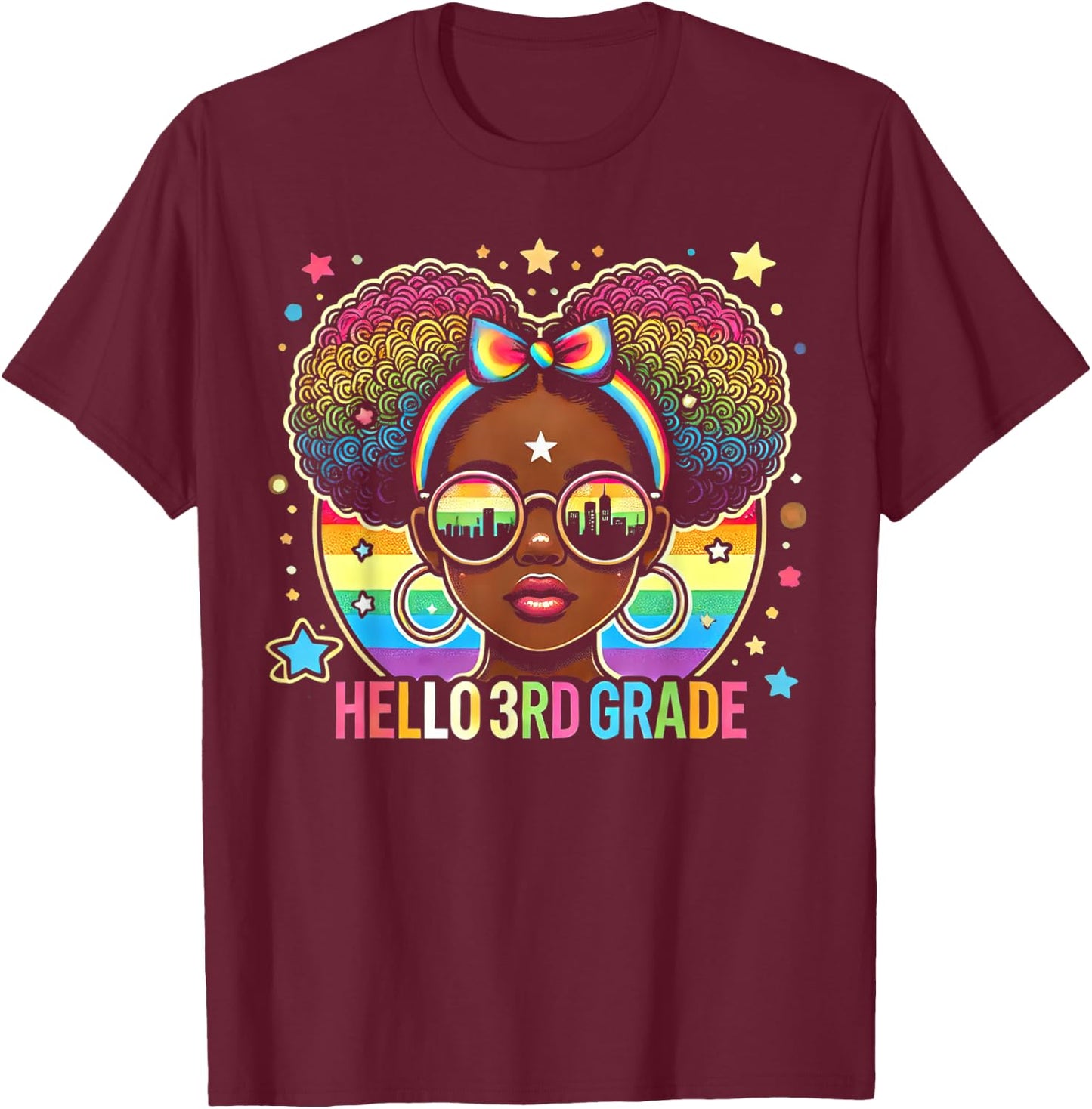 Hello 3rd Grade Black Messy Bun Girls Kids Back To School T-Shirt - T-Shirt | Maroon