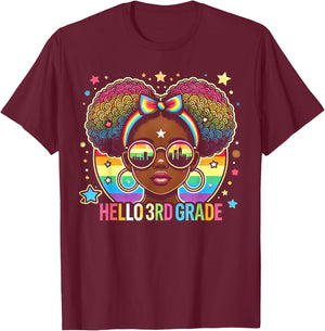 Hello 3rd Grade Black Messy Bun Girls Kids Back To School T-Shirt - T-Shirt | Maroon