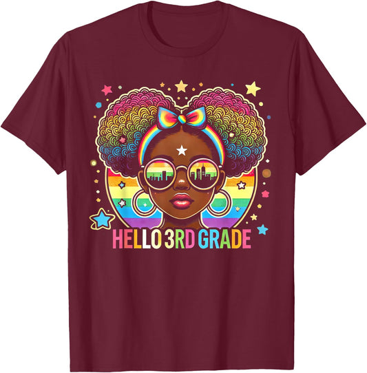 Hello 3rd Grade Black Messy Bun Girls Kids Back To School T-Shirt - T-Shirt | Maroon