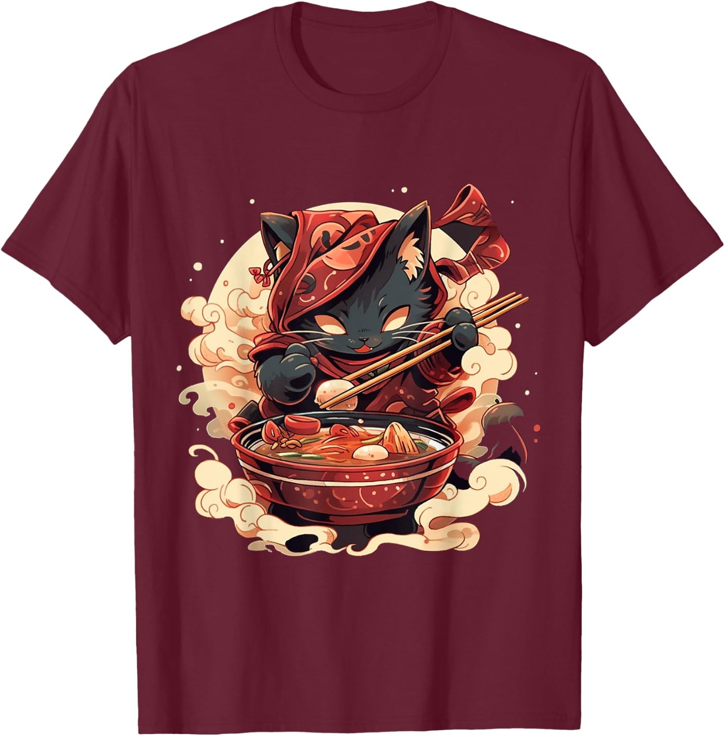 Japanese Art Ramen Cat Ninja Ukiyo-e Anime Style Samurai Cat T-Shirt - T-Shirt | Maroon