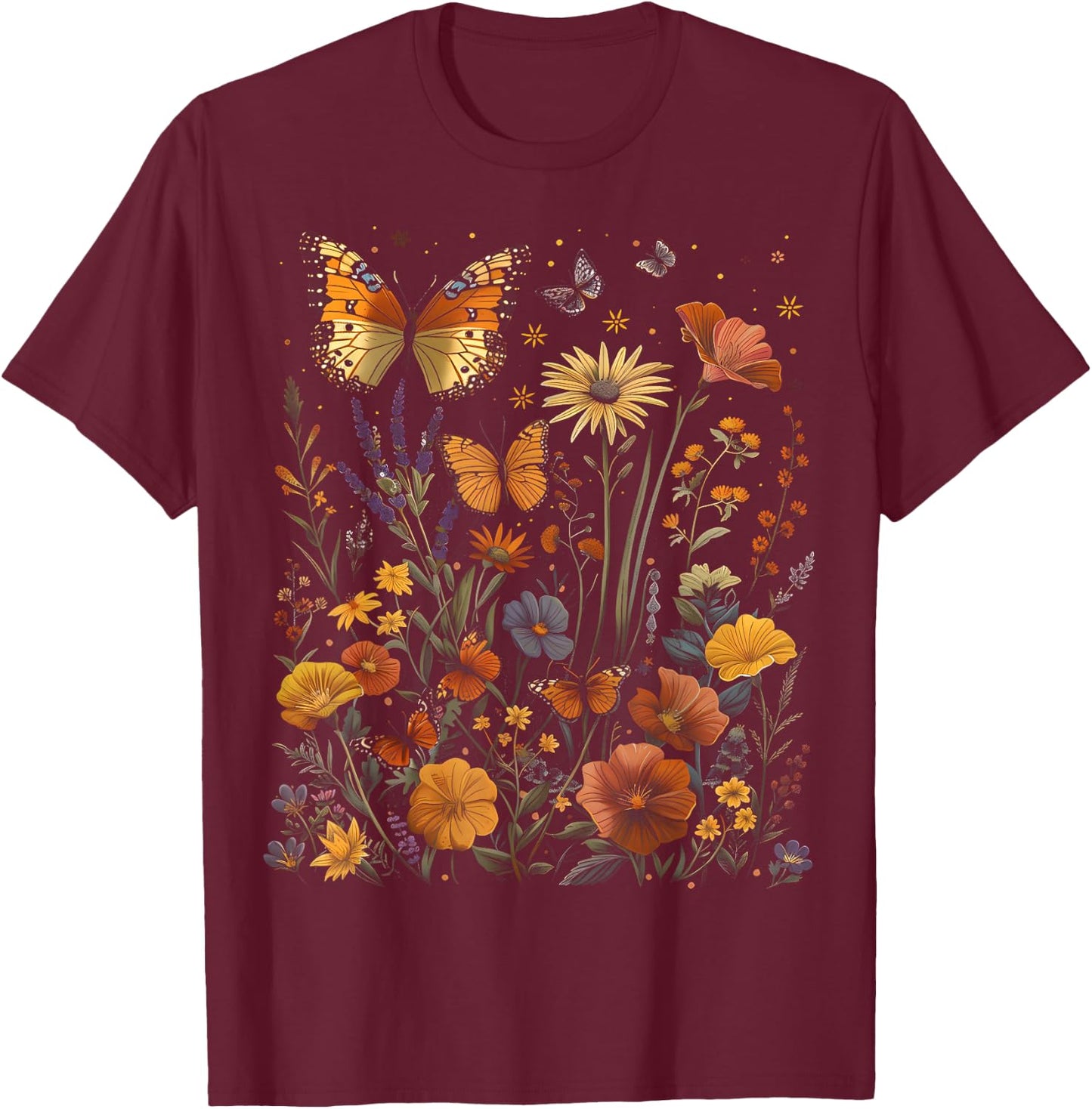 Pollinator Garden Design Wildlife Flowers Native Plants T-Shirt - T-Shirt | Maroon