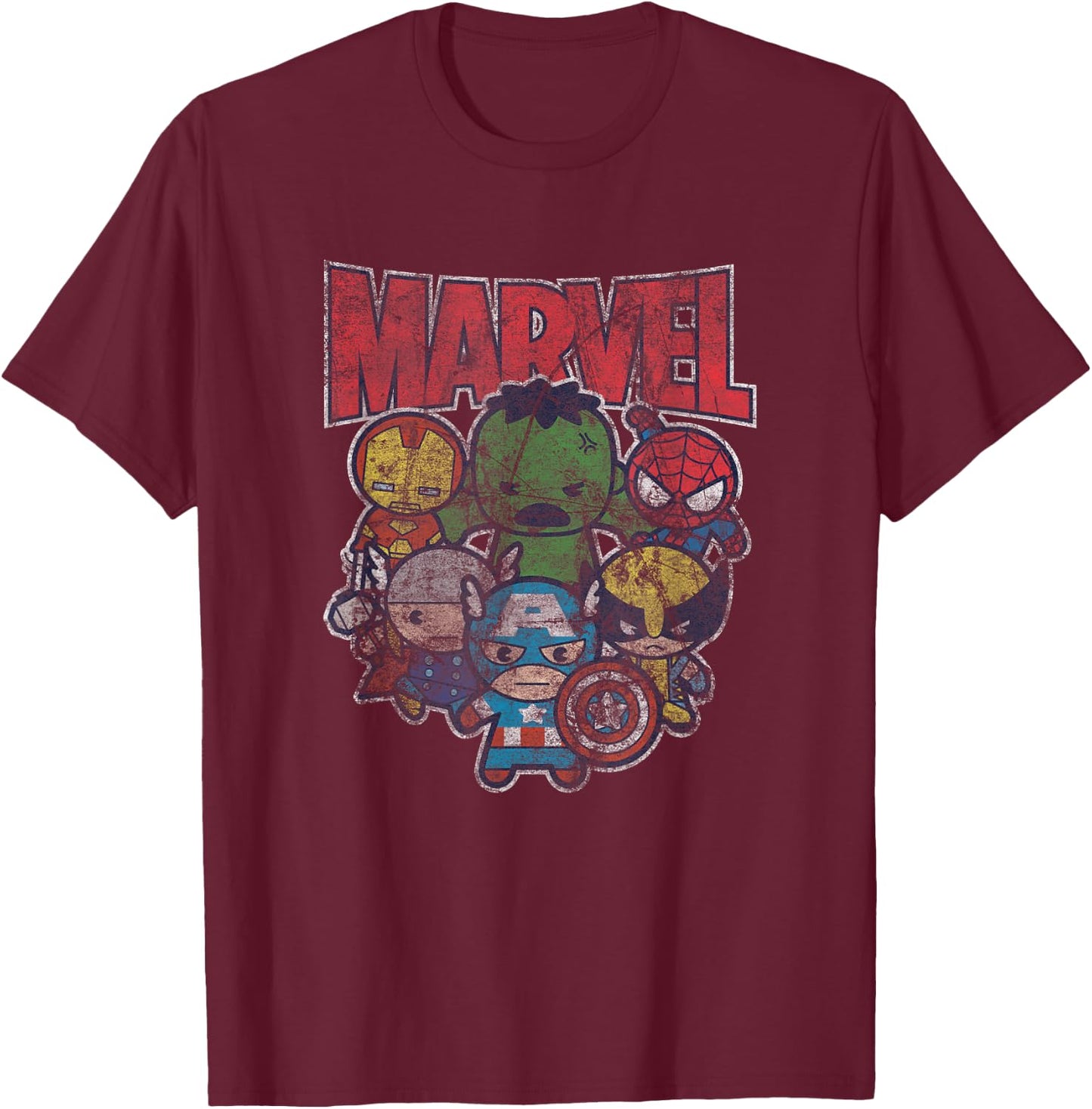 Marvel Kawaii Avengers Assembled Distressed Group Shot T-Shirt - T-Shirt | Maroon