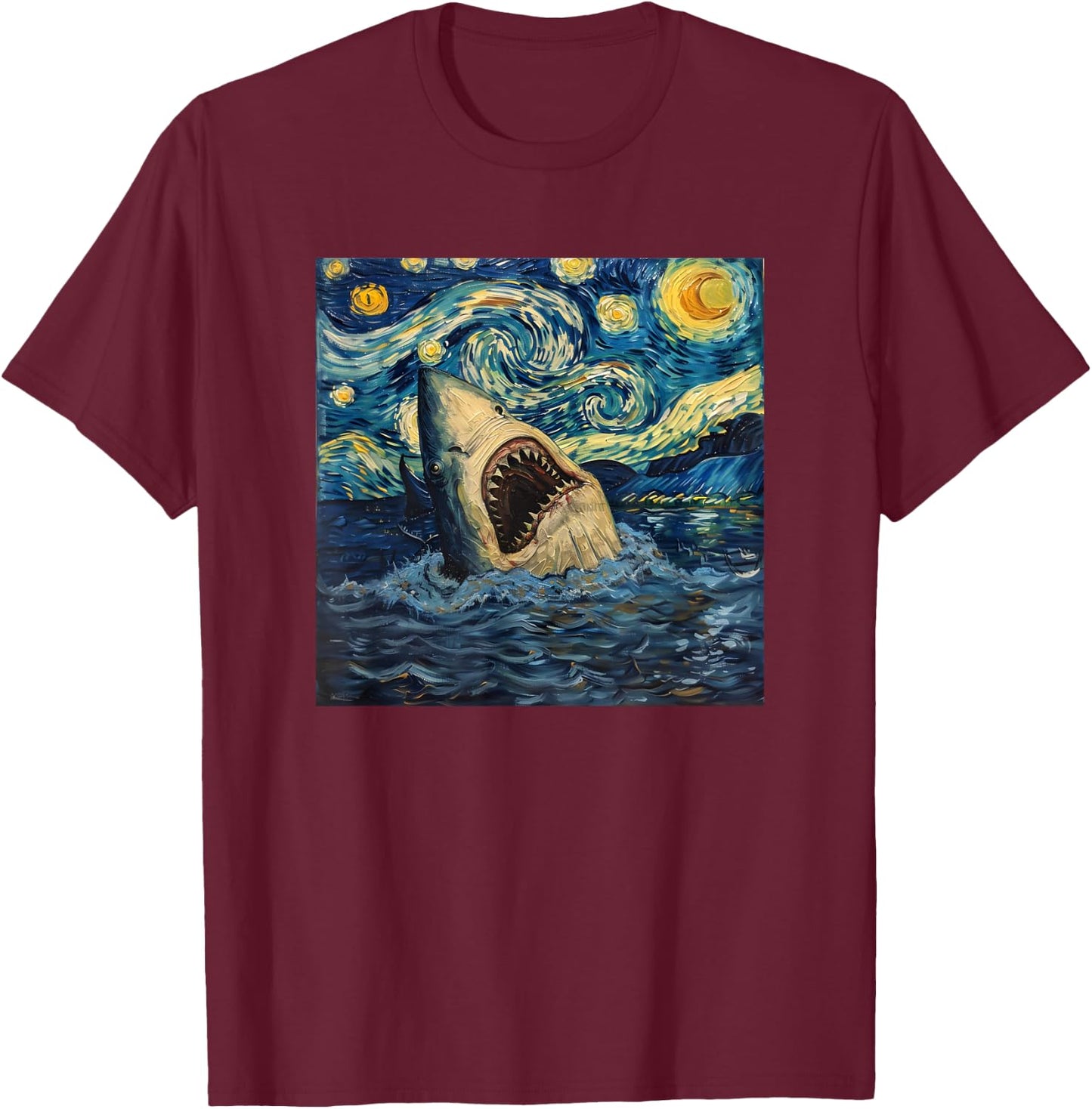 Van Gogh Shark Starry Night Funny Women & Men T-Shirt - T-Shirt | Maroon